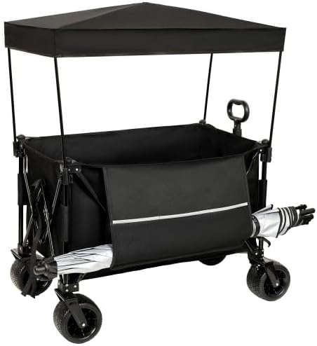 【LuckyNote】 Collapsible Foldable Extended Wagon with Canopy,480lbs Weight Capacity, Heavy Duty Folding Utility Garden Cart with Big All-Terrain Beach Wheels & Drink Holders,Side Pocket and Brakes