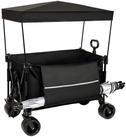 【LuckyNote】 Collapsible Foldable Extended Wagon with Canopy,480lbs Weight Capacity, Heavy Duty Folding Utility Garden Cart with Big All-Terrain Beach Wheels & Drink Holders,Side Pocket and Brakes