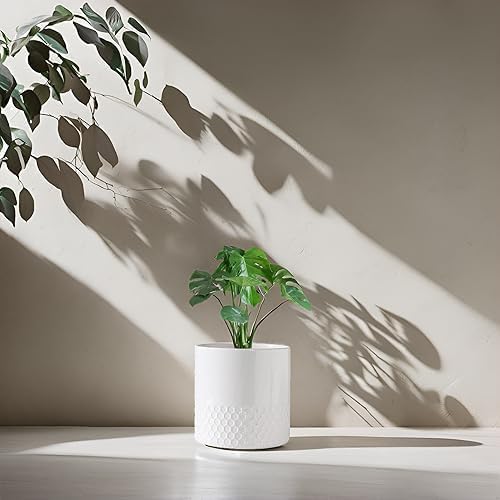 Docrin Ceramic Planters Indoor, 8 Inch Plant Pots with Drainage Holes for Home/Office - White Honeycomb