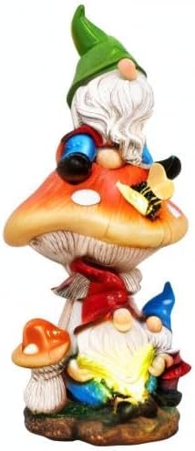 TERESA'S COLLECTIONS Garden Gnomes Statues Decorations for Yard with Solar Lights, Resin Gnome on Mushroom Reading Garden Decor Outdoor for Patio Lawn Ornaments,Ideal Gifts for Dad and Mom, 12.6"