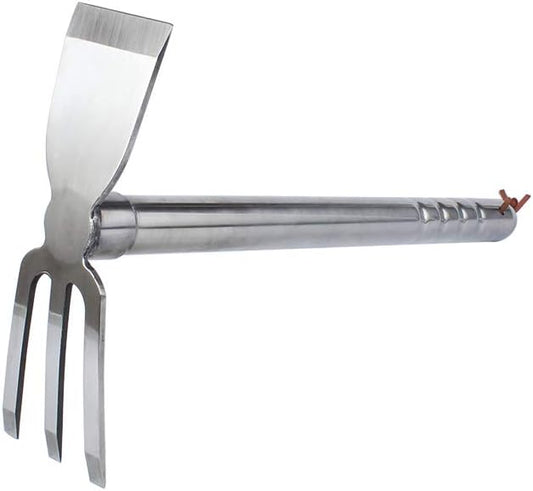 Stainless Steel Garden Hoe Rake Hand Tool, 15" Metal Hand Hoe & 3 Prong Cultivator Dual Headed Gardening Tool for Weeding, Digging, Seeding Multipurpose