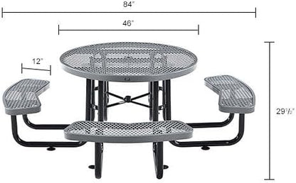 Global Industrial 46" Round Picnic Table, Expanded Metal, Gray Thermoplastic Coating, Attached Benches, 1-1/2” Umbrella Pole Hole, Outdoor-Rated, 1000 lb Capacity