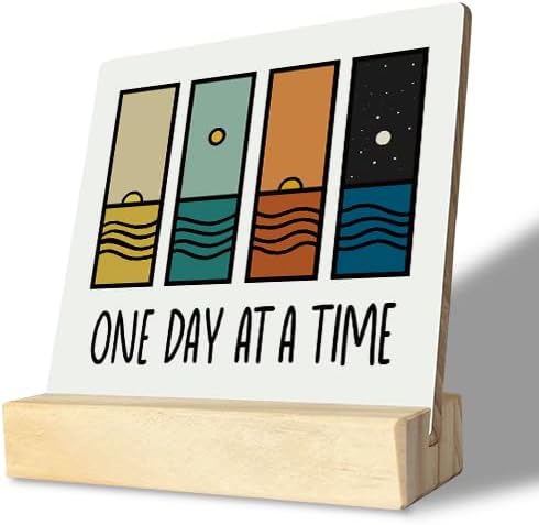 Primitive Wooden Sign, One Day at A Time, Desk Plaque with Wooden Stand 4 x 4.3 inches, Modern Decoration, Farmhouse Table Plaque Signs, Rustic Home Decor Plaque, Inspirational Sign, Uplifting Gift B
