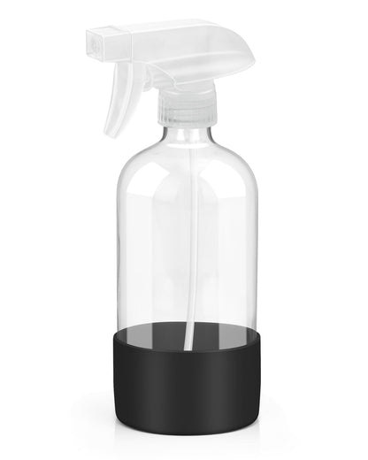 Glass Spray Bottles with Silicone Sleeve Protection, Empty 16OZ Reusable Spray Bottles, Refillable Containers with Spray Nozzles for Cleaning Solutions, Plants and Essential Oils 1 Pack Black