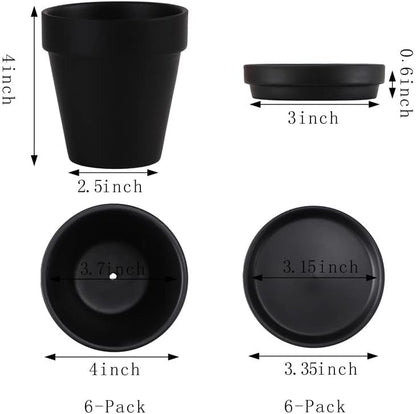 Black Terra Cotta Pots with Saucer- 6-Pack Small Terracotta Pot Clay Pots 4'' Clay Ceramic Pottery Planter Cactus Flower Pots Succulent Pot with Drainage Hole- Great for Plants,DIY Craft Projects