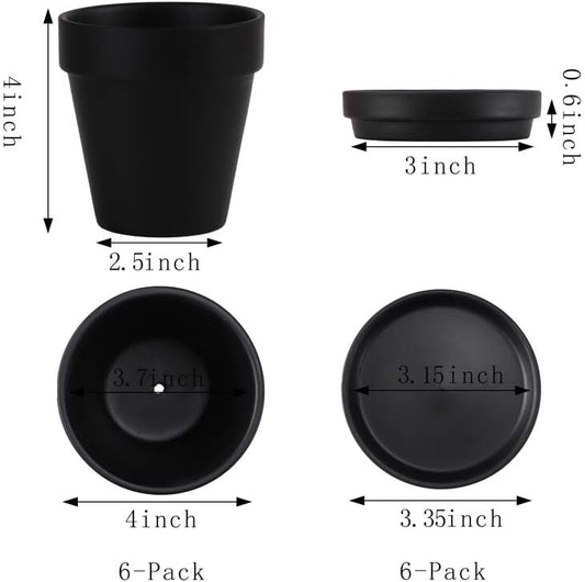 Black Terra Cotta Pots with Saucer- 6-Pack Small Terracotta Pot Clay Pots 4'' Clay Ceramic Pottery Planter Cactus Flower Pots Succulent Pot with Drainage Hole- Great for Plants,DIY Craft Projects