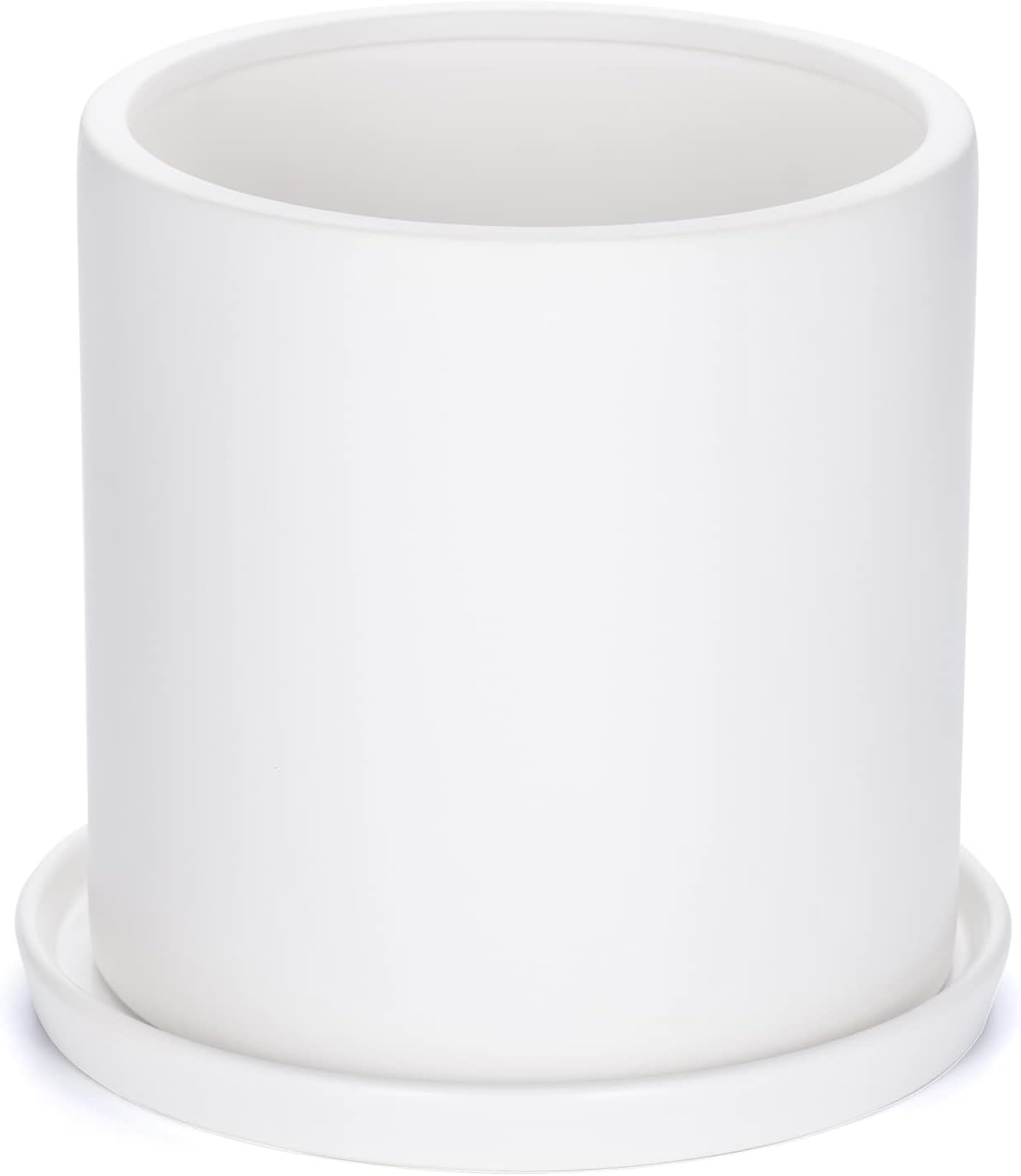 Plant Pots 10 Inch Ceramic Planter with Drainage Hole and Saucer, Matte White Modern Cylinder Planter Pot for Indoor Outdoor Plants Flowers, Full Glazed Finish