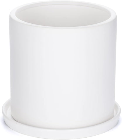 Plant Pots 10 Inch Ceramic Planter with Drainage Hole and Saucer, Matte White Modern Cylinder Planter Pot for Indoor Outdoor Plants Flowers, Full Glazed Finish