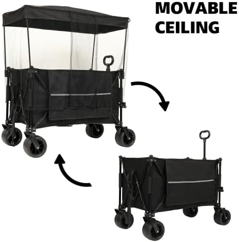 【LuckyNote】 Collapsible Foldable Extended Wagon with Canopy,480lbs Weight Capacity, Heavy Duty Folding Utility Garden Cart with Big All-Terrain Beach Wheels & Drink Holders,Side Pocket and Brakes