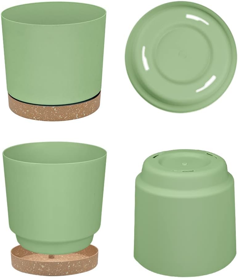 ZMTECH Plant Pots, Set of 6 6.5'' Self Watering Plastic Planter with Drainage Hole and Saucer,Modern Decorative Flower Pot for Indoor Outdoor House Plants, Succulents, Flowers - Green
