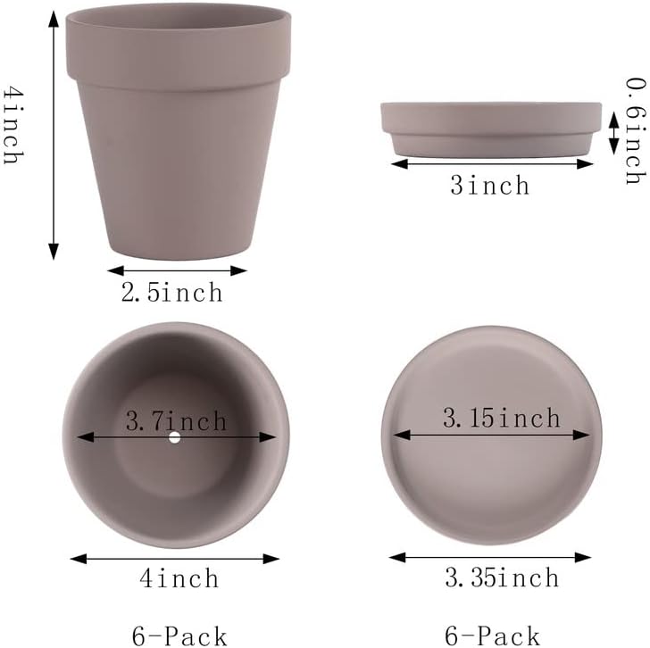 Grey Terra Cotta Pots with Saucer - 6-Pack Small 4'' Clay Ceramic Pottery Planter for Cactus, Flowers, Succulents - Drainage Hole, Great for Plants, DIY Craft Projects
