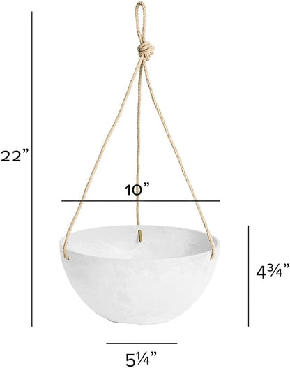 Root & Vessel Self Watering Hanging Planter for Indoor or Outdoor Plants, Unique Marbled Hanging Basket Made of Eco-Friendly Blend of Stone & Plastic, White, 10"
