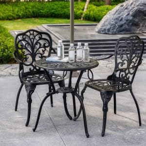 3 Piece Patio Bistro Set Cast Aluminum Bistro Table and Chairs Set of 2 with Umbrella Hole,All Weather Metal Bistro Table Set,Outdoor Patio Furniture Set for Garden(Butterfly Black)