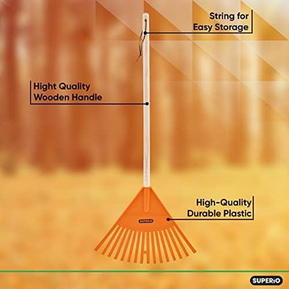 Orange Kids Size Rake, Kids Rake for Lawn with Hardwood Handle, Durable Plastic Head to Sweep Leaves on Lawn and Tidying Up The Garden, 34" by Superio