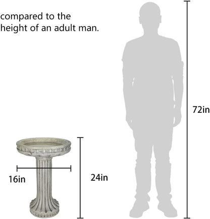 24 Inch Height Outdoor Bird Bath - Fibre Reinforced Concrete Large Bird Bath Stylish with Modern Pedestal for Garden, Patio, Backyard, Lawn - 16”W X 24”H Contemporary Birdbaths & Supports