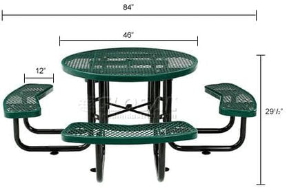Global Industrial 46" Round Picnic Table, Expanded Metal, Green Thermoplastic Coating, Attached Benches, 1-1/2” Umbrella Pole Hole, Outdoor-Rated, 1000 lb Capacity