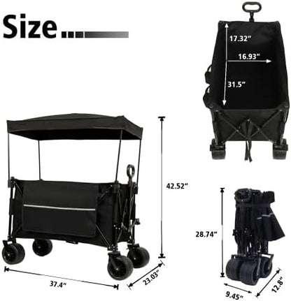 【LuckyNote】 Collapsible Foldable Extended Wagon with Canopy,480lbs Weight Capacity, Heavy Duty Folding Utility Garden Cart with Big All-Terrain Beach Wheels & Drink Holders,Side Pocket and Brakes