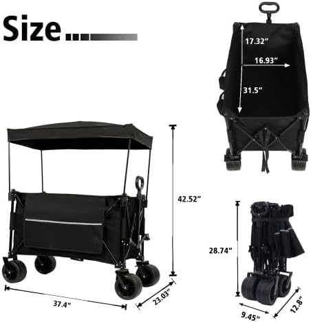 【LuckyNote】 Collapsible Foldable Extended Wagon with Canopy,480lbs Weight Capacity, Heavy Duty Folding Utility Garden Cart with Big All-Terrain Beach Wheels & Drink Holders,Side Pocket and Brakes