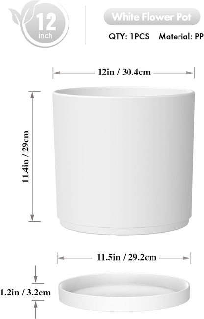 12 Inch Large Deep Flower Pots for Outdoor Indoor Plants, Cylinder Tall Plant Pots with Drainage Holes and Saucer, Big Decorative Plastic Planter Pots for Garden House Plants, White