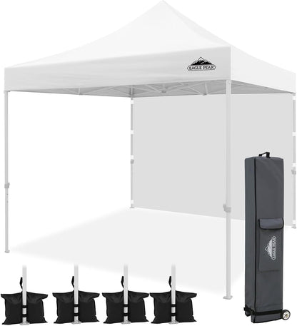 EAGLE PEAK 10x10 Heavy Duty Pop up Commercial Canopy Tent with One Removable Sidewall, Instant Sun Shelter with Roller Bag, 4 Sandbags, White
