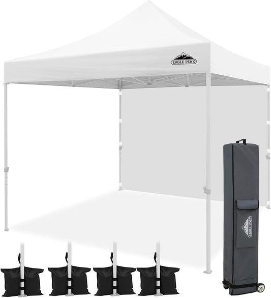 EAGLE PEAK 10x10 Heavy Duty Pop up Commercial Canopy Tent with One Removable Sidewall, Instant Sun Shelter with Roller Bag, 4 Sandbags, White