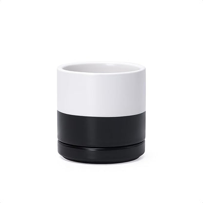 D'vine Dev 3.5 Inch Ceramic Planter Pot with Drainage Hole and Saucer, Indoor Cylinder Round Planter Pot, Layered Monochrome Black & White, 94-O-A-L
