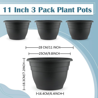 3 Pack 11 Inch Plant Pots with Drainage Hole and Plug, Durable Plastic Flower Pots for Indoor & Outdoor Plants, Elegant Mordern Plant Pots Perfect for Herbs, Flowers & Succulents, Gray