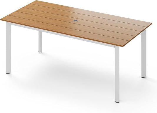67" Rectangle HDPS Patio Dining Table, Aluminum Outdoor Patio Dining Table with Umbrella Hole, Weather-Resistant for Lawn, Garden, Yard, Poolside and Indoor Use, White & Teak