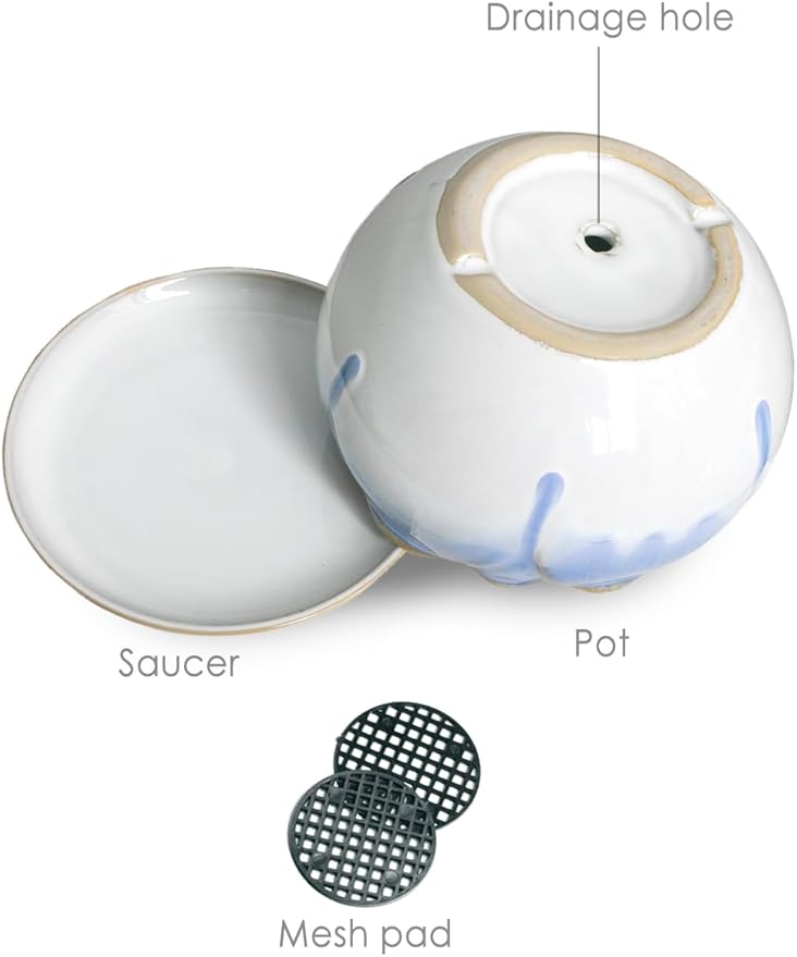 Dahlia 5.5'' Inch Rustic Drip Glazed Ceramic Planter/Succulent Pot/Plant Pot w. Saucer/Tray, White