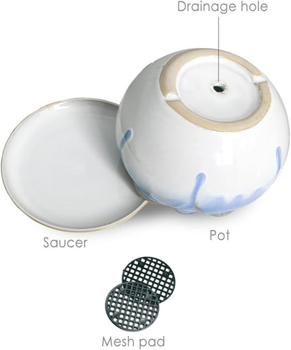 Dahlia 5.5'' Inch Rustic Drip Glazed Ceramic Planter/Succulent Pot/Plant Pot w. Saucer/Tray, White