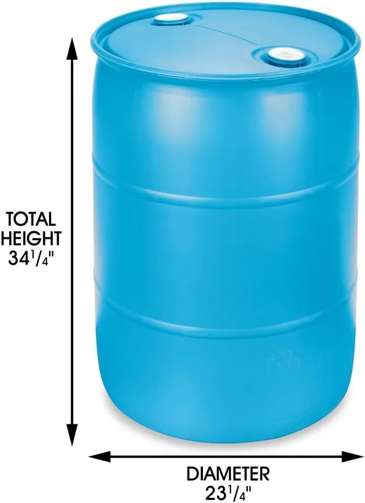 30 Gallon Blue Water Barrel | Solid Mold |2 Inch Bung Holes, Good for Long Term Drinking Water Use | BPA Free. Made in USA