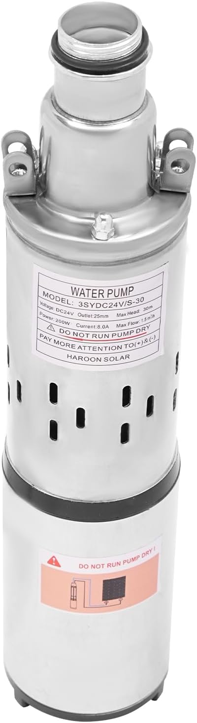 Deep Well Submersible Pump DC 24V 200W Electric Solar Powered Water Pump, 5.3 GPM Flow, 98ft Lift, Farm Ranch Irrigation Submersible Bore Hole Deep Well Pump