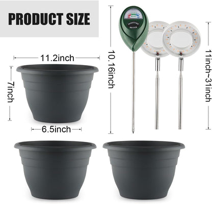 11 Inch Plant Pots with 2 x LED Grow Lights for Indoor Plants and 1 x Soil Moisture Meter - Complete Indoor Plant Care Set, 2 Pack Flower Pots with Drainage Holes and Plug, Gray