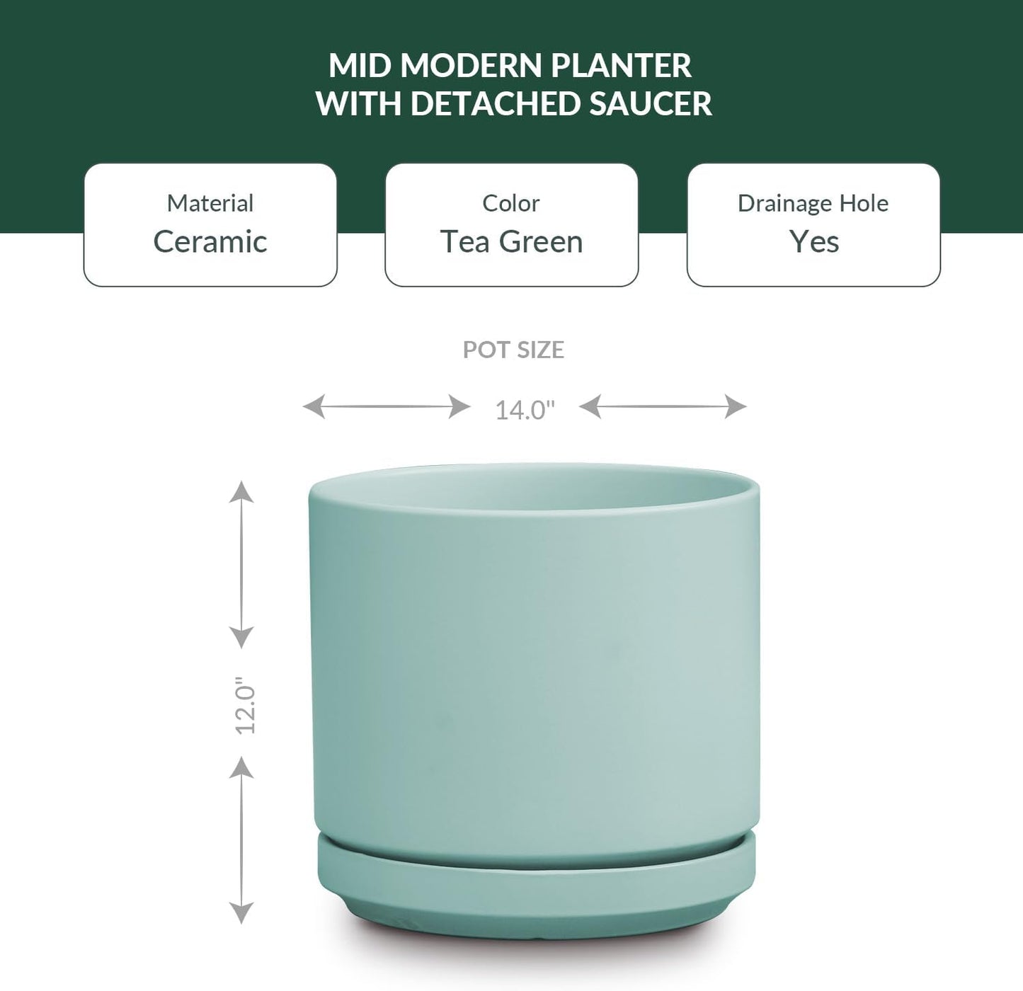 Ceramic Mid Modern Planter Pots with Detached Saucer - Indoor/Outdoor Plant Pots with Drainage Hole