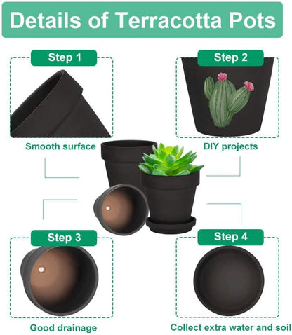 vensovo 6 Inch Black Terracotta & Clay Pots for Plant with Saucer - 4 Pack Medium Terra Cotta Planter with Drainage Hole, Flowerpot for Indoor Outdoor Plants, Crafts, Wedding Favor