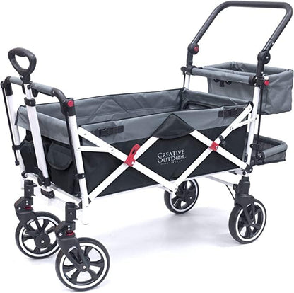 Creative Outdoor Wagon for Kids Push Pull Collapsible Stroller with Canopy Folding Cart | Titanium Series Plus | Beach, Park, Garden (Black & Grey)