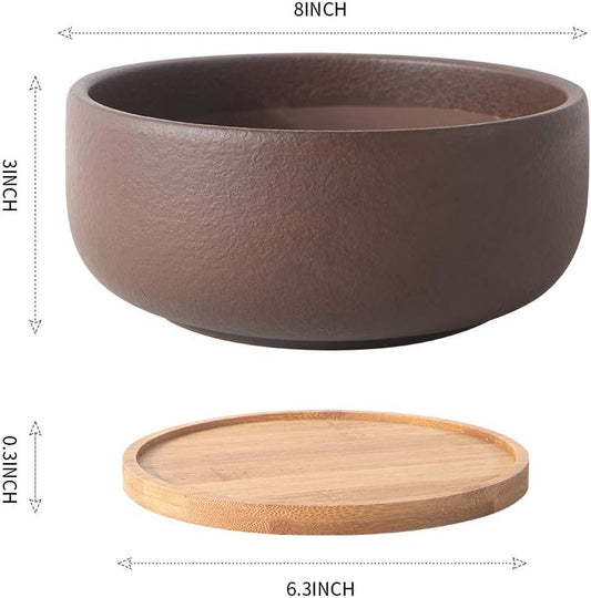 SQOWL Terracotta Bonsai Planter Pot for Succulent 8 Inch Pottery Round Planter Cactus Clay Flower Pot with Drain Hole and Bamboo Tray Indoor Outdoor