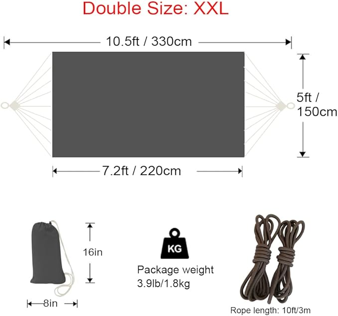 Hammock Outdoor 2 People 220x150cm Total Length 330cm Load 300kg Canvas Cotton Hammock for Garden Indoor Children Balcony Dark Gray XXL