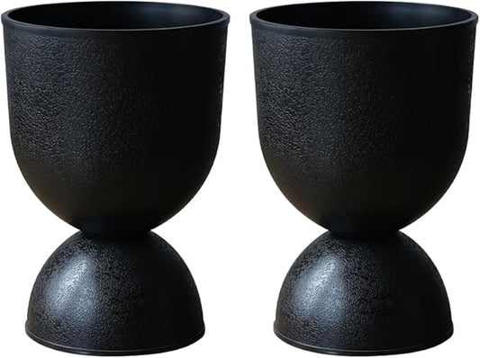 Lookat Modern Hourglass Planter, Indoor Decorative Plastic Plant Container, Textured Metal Look, Contemporary Home Garden Pot (Black, CUP001)