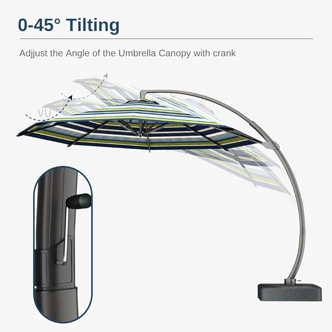 Acrylic Fabric 11FT Cantilever Umbrella with Base Large Curvy Outdoor Aluminum Offset Umbrella w/ 360° Rotation, UV Resistant Canopy for Patio, Garden, Backyard, Green Stripes