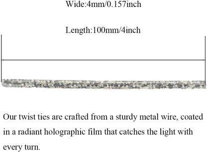 HAHIYO 300Pcs 4inches Holographic Silver Metal Twist Ties Bread Candy Coffee Bag Ties Plant Garden Twist Ties for Cellophane Treat Bags Gift Wraping Bags Plastic Bags Party Cake Present Art Crafts