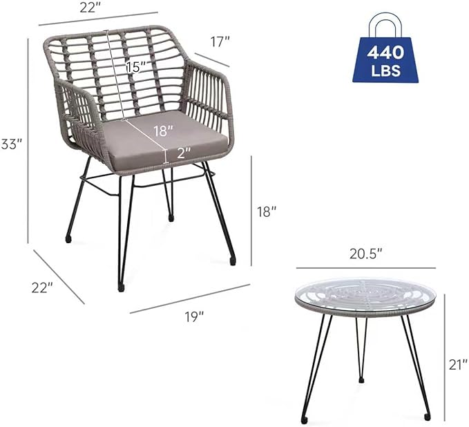 3 Piece Wicker Patio Bistro Furniture Set, Includes 2 Rattan Chairs and Glass Top Table, Ideal for Porch, Outdoor, Backyard, Apartment, Balcony, Grey