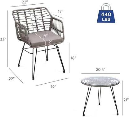 3 Piece Wicker Patio Bistro Furniture Set, Includes 2 Rattan Chairs and Glass Top Table, Ideal for Porch, Outdoor, Backyard, Apartment, Balcony, Grey