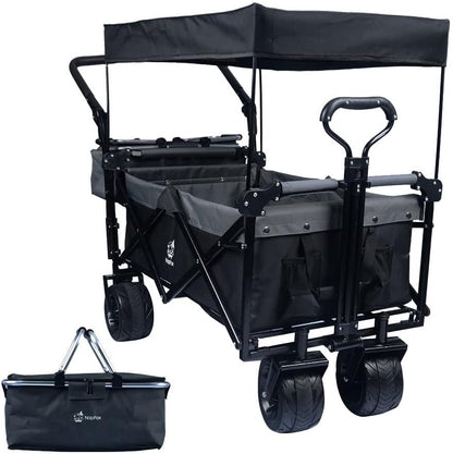 Collapsible Wagon Heavy Duty Folding Wagon Cart with Removable Canopy, 4" Wide Large All Terrain Wheels, Brake, Adjustable Handles,Cooler Bag Utility Carts for Outdoor Beach Cart Garden Wagons Carts