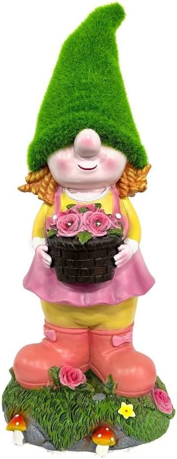 Garden Solar Resin Gnome Girl Statue with Solar Powered Night Light for Porch, Patio and Indoor Decoration