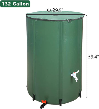 132 Gallon Collapsible Rain Barrel, Portable Rainwater Collection System, Rain Catcher Barrel, Water Storage Tank with Two Spigots and Overflow Kit, Rain Water Barrel Collector for Garden, Green