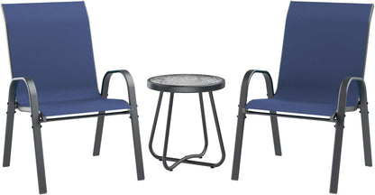 UDPATIO Patio Dining Set of 3, Outdoor Table and Chairs Set with Glass Table, 2 Stackable Patio Chairs with High Back, Outdoor Furniture Sets for Deck Garden Backyard Lawn Poolside (Blue)