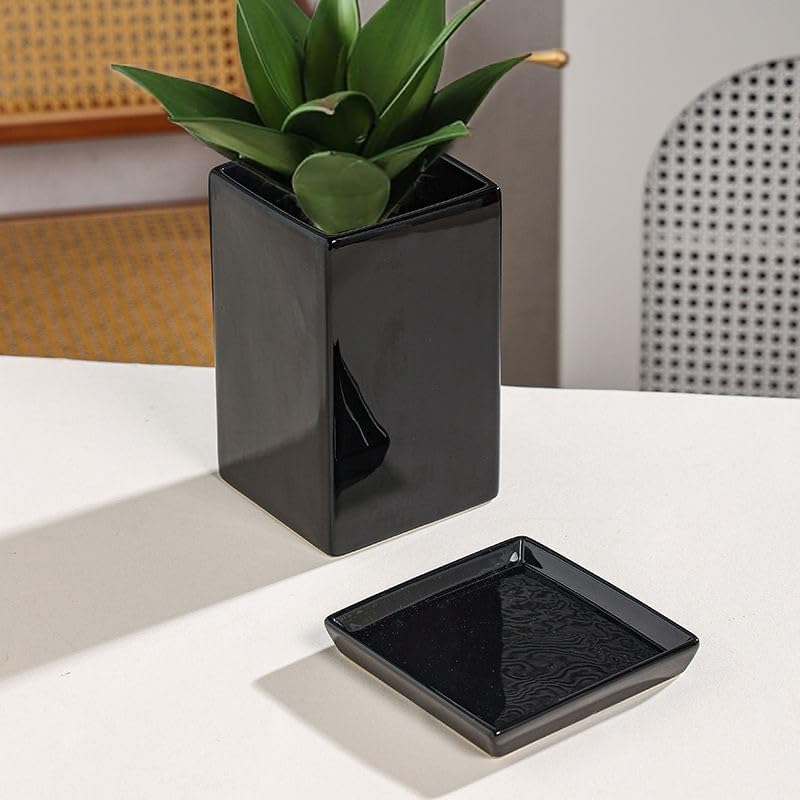 Square Plant Saucer 14 Inch 1 Pack，Plant Trays for Pots, Black Ceramic Plant Saucers for Indoors Outdoors, Plant Drip Tray 4 6 8 10 12 14 Inch