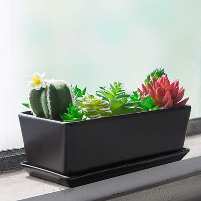 SQOWL 10 inch Ceramic Rectangular Succulent Planter Window Box Flower Planter Pot with Saucer for Indoor Plants Black