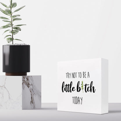 Funny Home Wood Decor Sign,Try not to Be a Little B Today Sign,Humor Wooden Box Plaque Sign Desk Decor for Home Office Shelf Table Decor Decorations